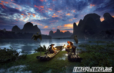 night boat fisherman water mountain dawn bird chinese 