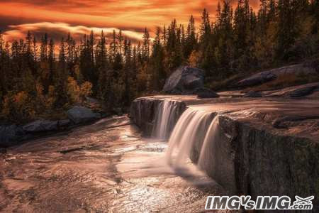 forest waterfall rock sunset 