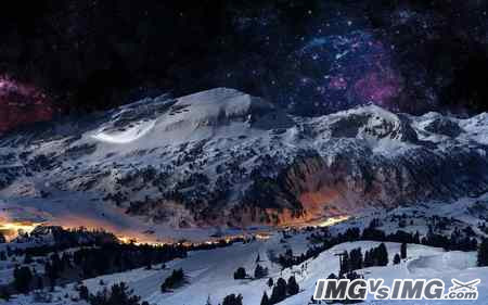 snow mountain sky star tree aurora 