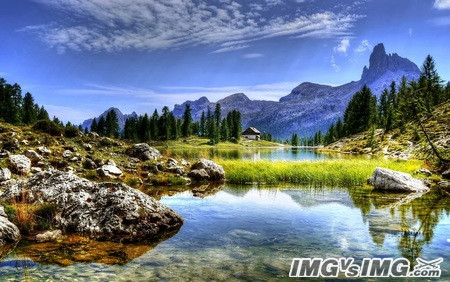 lake rocks trees clouds reflection 